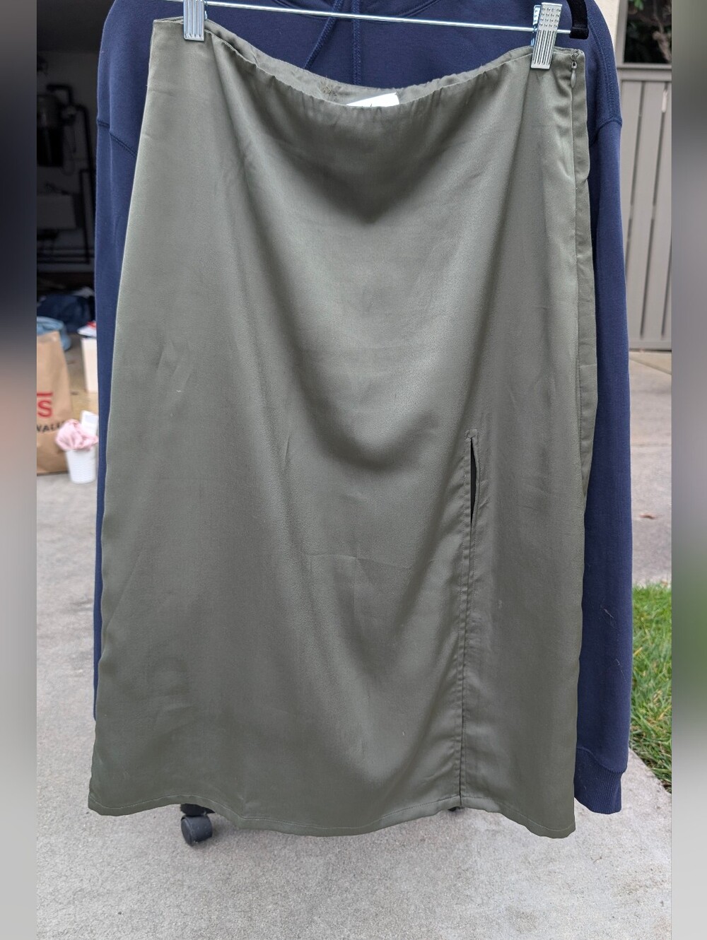 Women's Olive Green Satin Midi A-Line Skirt